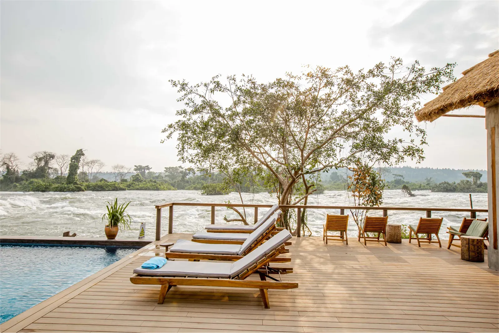 The deck of a safari lodge looking out over the Nile