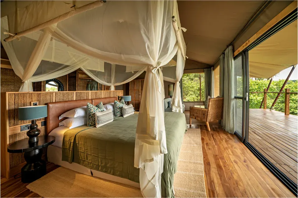 The interior of a tented safari suite in Uganda